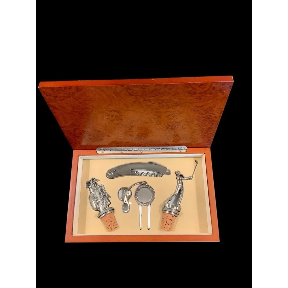 Vintage Golf Bar Tool Set New In Original Burl Wood Box